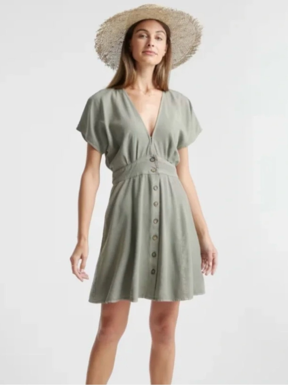 NWT Quince Vintage Wash Tencel Button Front Dress Olive Medium